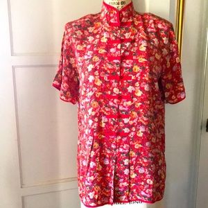 100% silk mandarin style floral blouse, roses, frog closure